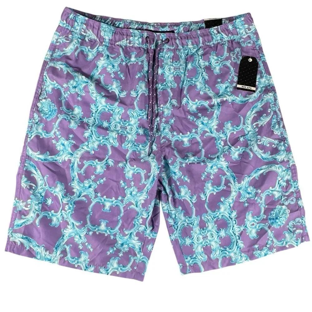 Red Ape Sz XL MCMXXXIII Swim Trunks Pockets Aqua Blue Purple Drawstring Pull On